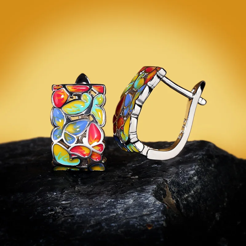 Fashion temperament niche color butterfly earrings female enamel glaze super fairy flower ear clip without pierced earring