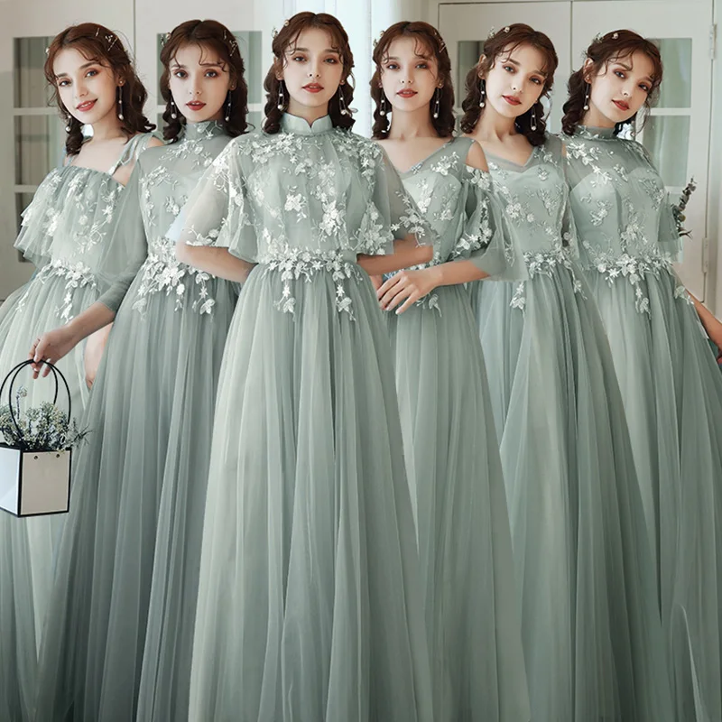 Bridesmaid Dresses Green Embroidery A-Line Wedding Guest Dress Hight Neck Half Sleeve Vestidos Floor Length Formal Gowns R067