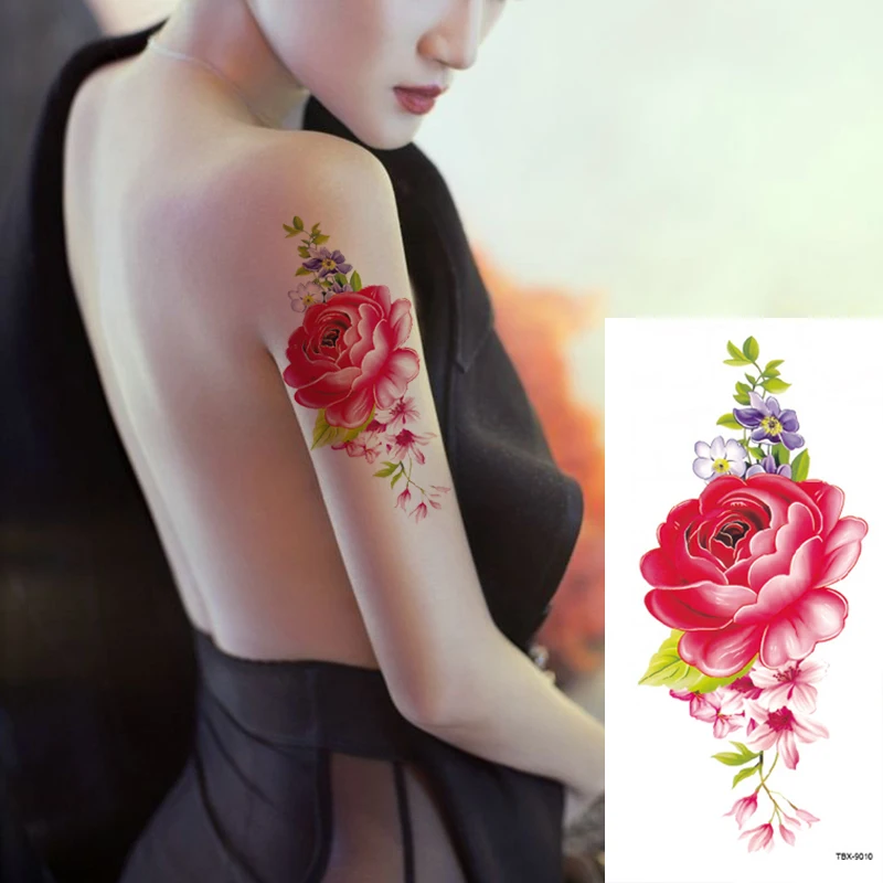 1Pc Beauty Waterproof Fake Temporary Tattoo Sticker 15 Style Flower Rose Flash Red Pink  Body Art Arm Fake Sleeve Women Tattoos