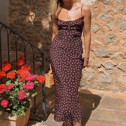 summer Women Sexy Sling Dress Chic Floral Party robe Female Sleeveless Bag hip Long Dress lacing Deep v-neck Chiffon vestido