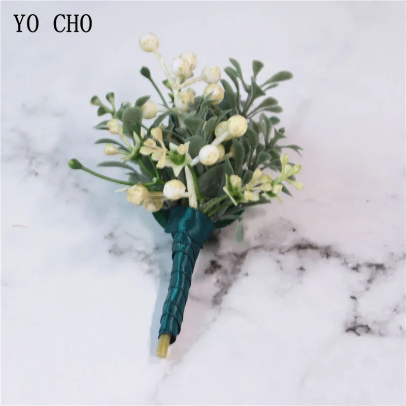 YO CHO Artificial Eucalyptus Plant Leaf Pine Needle Boutonniere Groom Corsages White Green Berries Forest Style Wedding Supplies