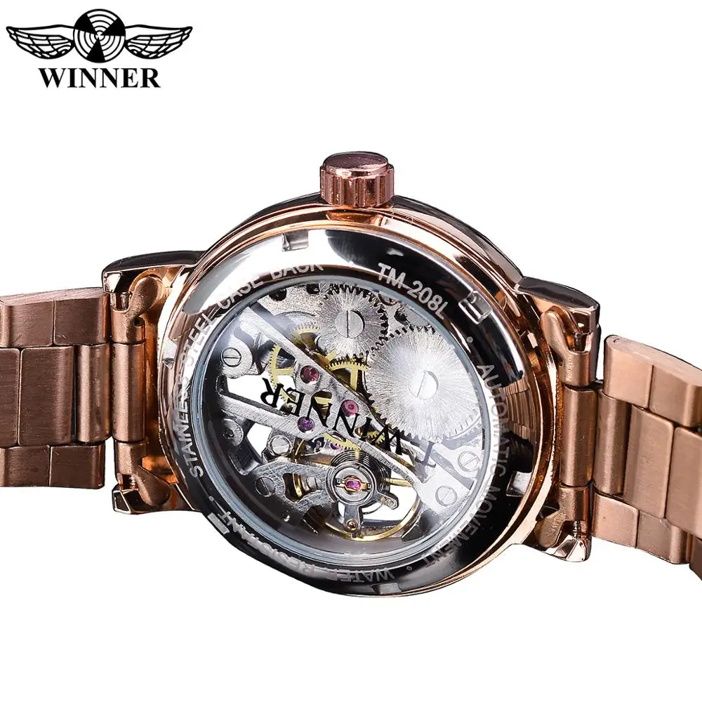 Winner Skeleton Dial reloj de acero inoxidable para mujer, reloj mecánico resistente al agua de marca de lujo, reloj exquisito de moda rosa dorado