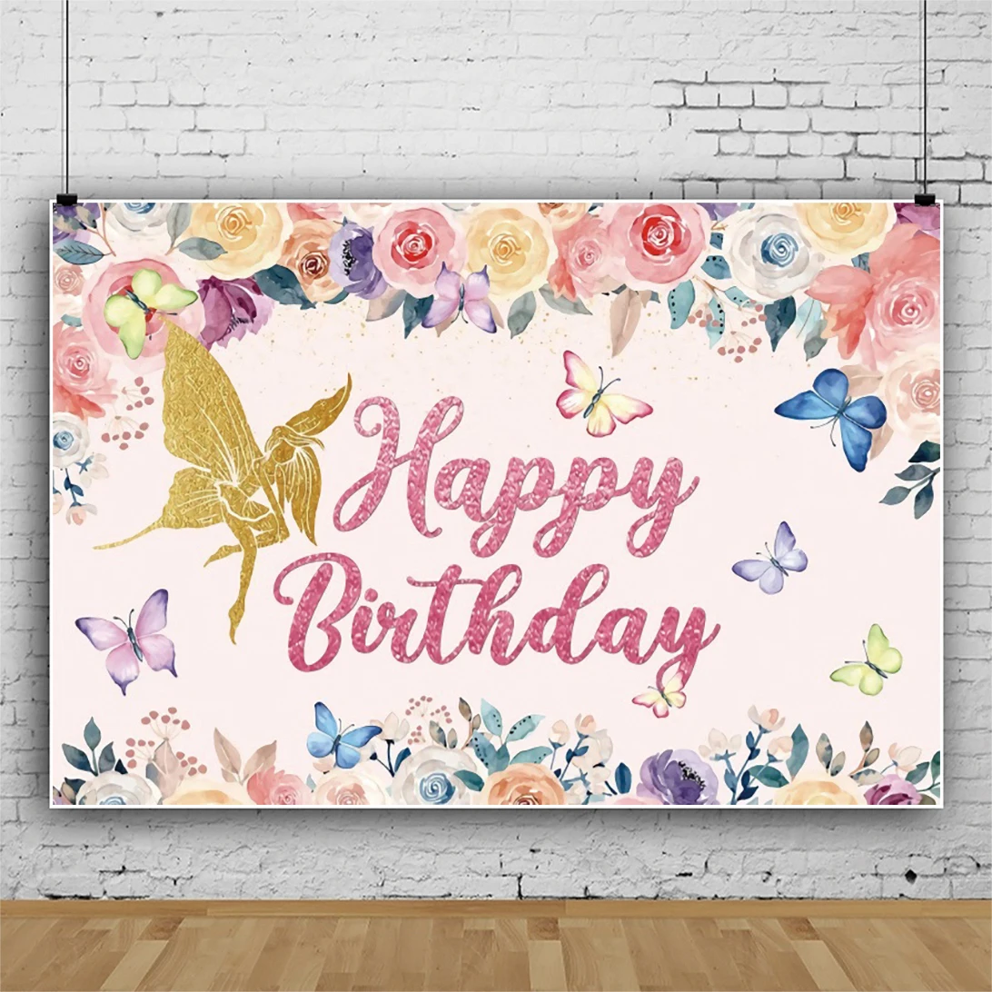 Laeacco Pink Backdrop For Photography Gold Butterfly Colourful Flower Happy Birthday Party Customized Poster Pattern Photostudio