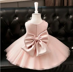 High Quality Customized Baby Girls Birthday Party Dresses with big Bow Pearls Tulle Little Princess Clothes Size 2-10Y