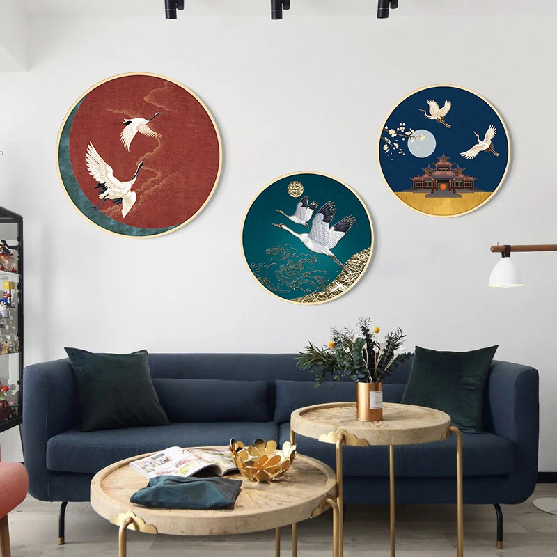 

EECAMAIL DIY Diamond Painting Full Diamond Embroidery Chinese Style Circular Crane Hanging Painting Home Decoration No Frame