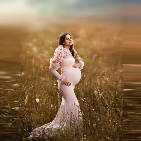 

Floral Pink Mermaid Pregnancy Dresses For Photo Shoot Long Sleeves With Train Stretch Spandex Tulle Plus Size Maternity Gowns