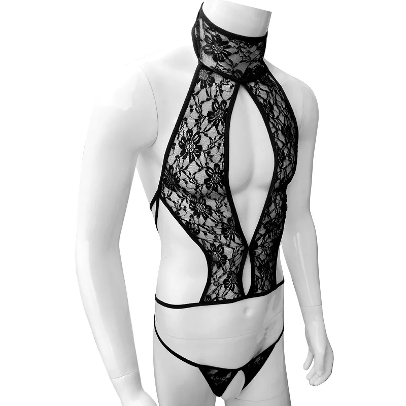 See Through Men Lace Bikini Lingerie Set Sleeveless Sissy Bra Tops with Crotchless G-string Thong Underwear Gay Sexy Panties