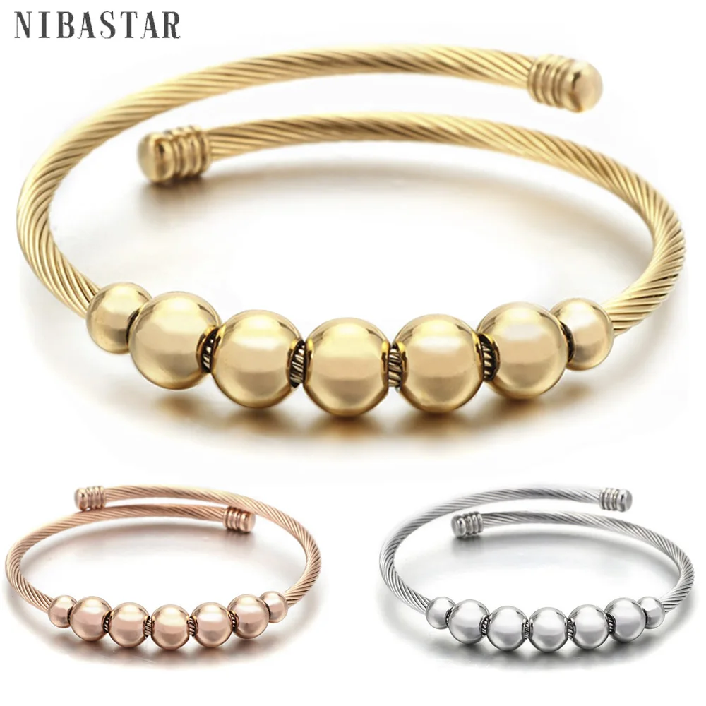 Fashion 8mm Beads Stainless steel Cable stretch Beaded Jewelry Bangle Charm Bracelets High Quality Bracelet For Women