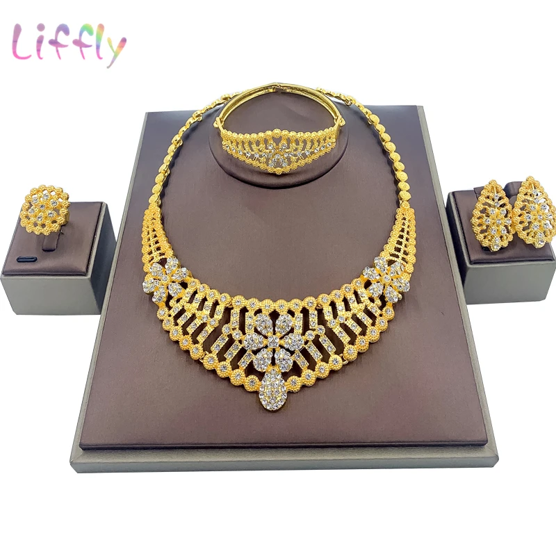 

Dubai Big Necklace Hollow Jewelry Fashion Women Flower Bracelet Earrings Crystal Ring African Bridal Fashion Jewelry Set