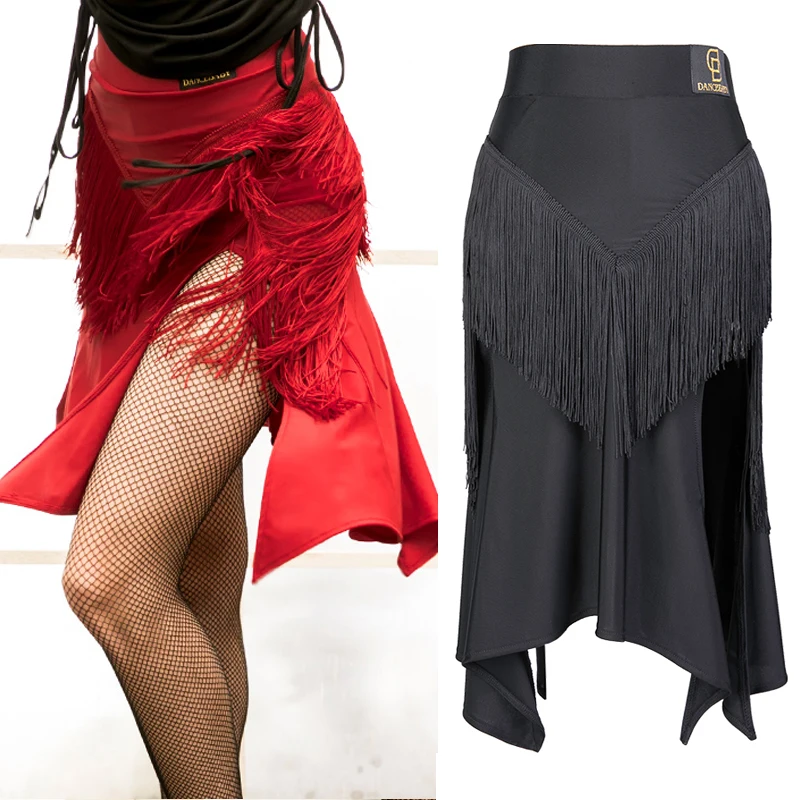 

Red Latin Dance Skirt For Ladies/Women/Adult Fringe Skirt Openning Hem Rumba Flamenco Professional Black Dance Costume