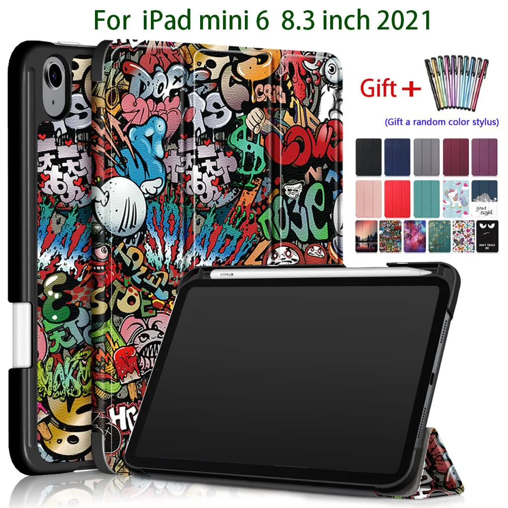 Three-fold Stand Case for IPad 2021 Mini 6(8.3inch)A2568 A2569, Ultra-thin Smart Auto Sleep Wake with Pencil Holder Case Funda