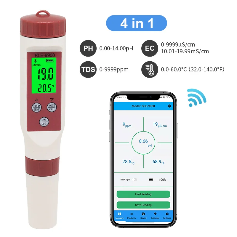 

Blue Tooth-compatible Meter 4 in1 PH/TDS/EC/TEMP Water Quality Pen APP Intelligent Control Water Quality Detector for aquarium