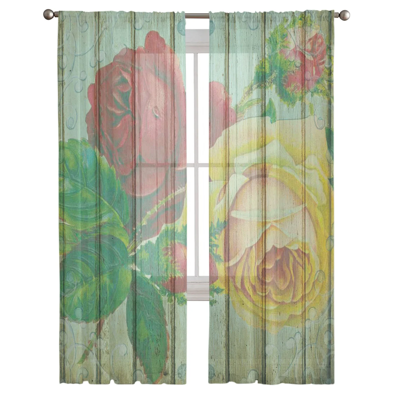 Flower Plant Rose Wood Grain Retro Tulle Curtain Voile Transparent Tulle for Bedroom Living Room Kitchen Sheer Window Curtains