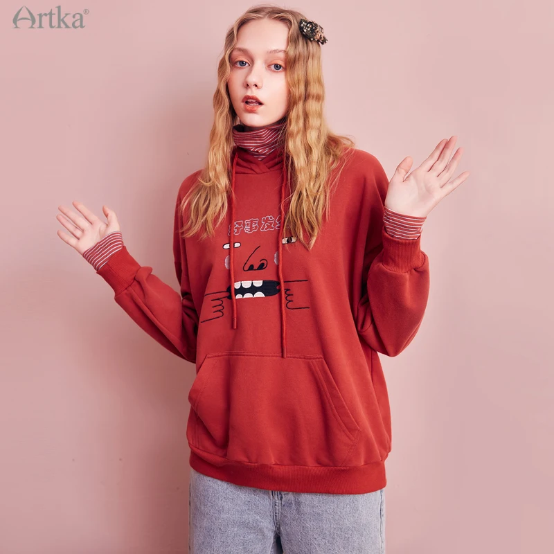 ARTKA 2020 Winter New Women Sweatshirt Fashion Casual Fake Two Piece Hooded Sweatshirts Thicken Fleece Warm Red Hoodies VA20002D