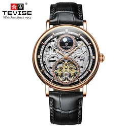 TEVISE Rose Gold Watch Man Automatic Mechanical Watches Moon Phase Luminous Leather Waterproof  Male Clock T888D Dropshipping