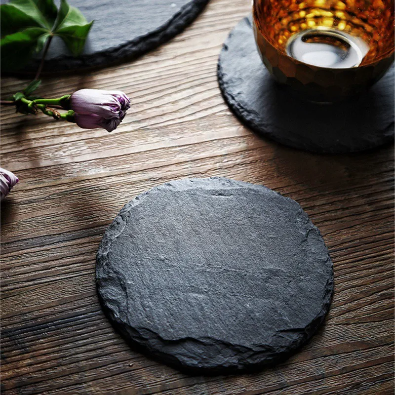 Slate Stone Coasters Round Black Natural Edge Stone Drink Coaster Pad Serving Plate for Bar and Home 10/15/20CM