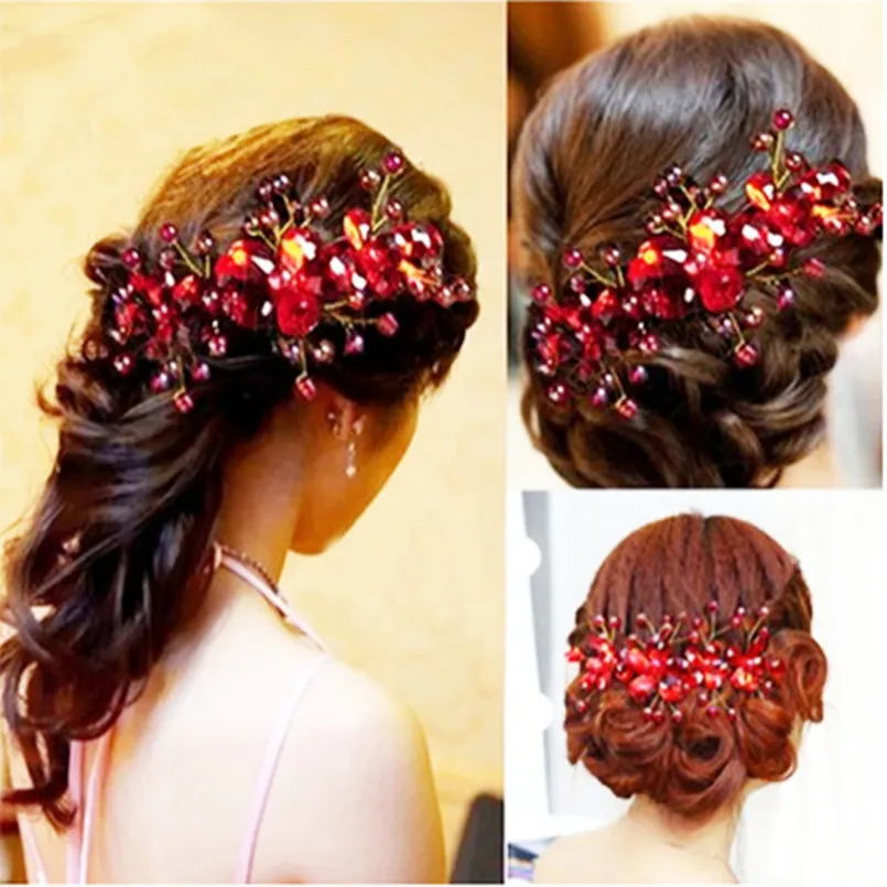 Wedding Hair Accessories Bridal headdress Red Crystal beads Hair bands Handmade Flower Headband For Bride