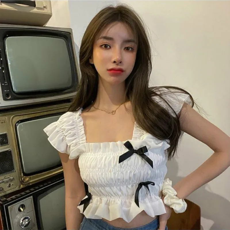 Camis Women Soft Bow Cropped Solid Students Casual Sexy Sweet Slim Summer White Korean Style Chic Design Camisole Cute Tops New