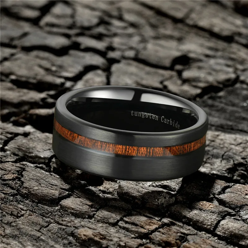 Tigrade Black Ring Men with Wood Line Tungsten Carbide Ring 8mm Cool for Party Jewelry Dark Brand gothic aneis hombre Wooden