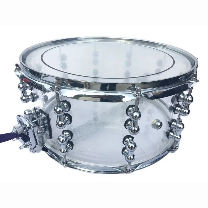 14 Inch Diameter 6.5 Inch Depth Acrylic Snare Drum Transparent with Silver Color 2mm Iron Hoop and Metal One Side Drum Lug