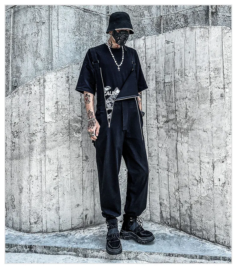 2021 Summer Overalls Men Woman Bib Jumpsuits Multi-Pocket Zipper Tie Feet Cool Street Hip Hop Coverall Pants Black Trousers