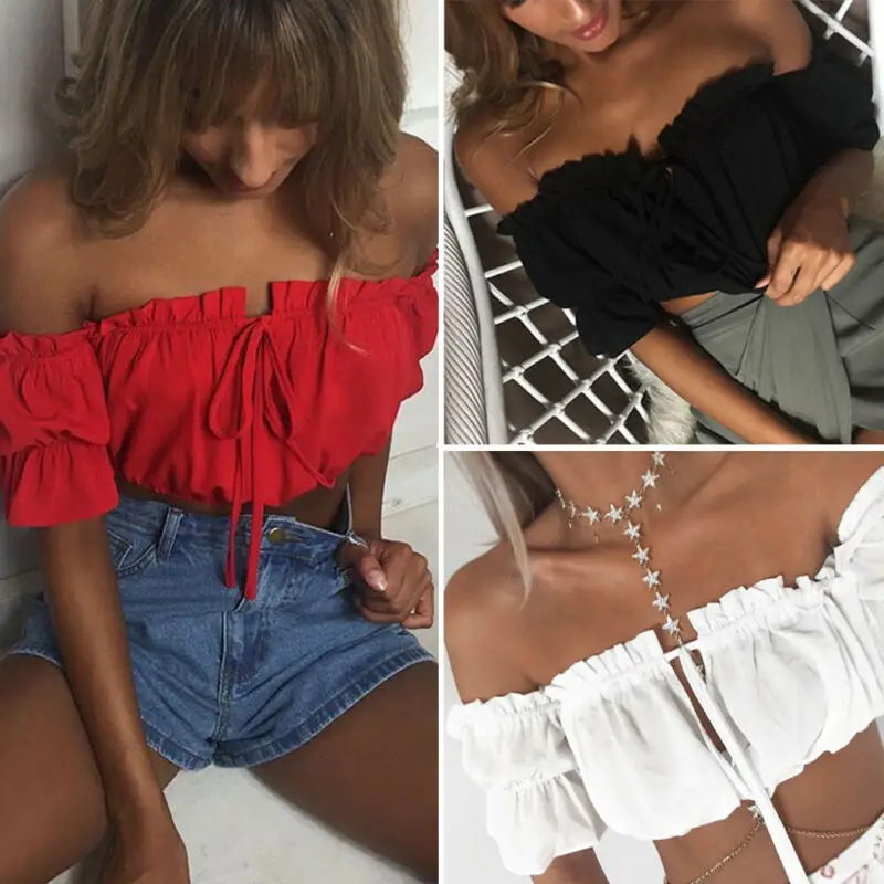 Summer 2019 Stylish Women Sexy Crop Tops Off Shoulder Solid Short Sleeve Crop Tops Bandeau Tops