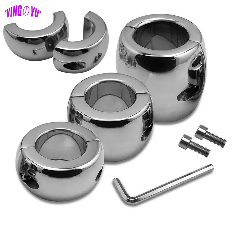 Stainless Steel Testicle Ball Stretcher Scrotum Penis Restraint Cock Ring Metal Locking Pendant Weight Sex Toys for Men Pleasure