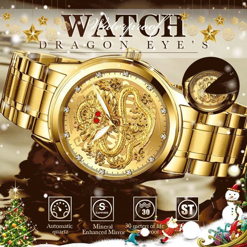 Men Day Date Wrist Watch Emboss Golden Dragon for Waterproof Analog Quartz Watch Metal Classic Dress Roman Christmas Gift Watch