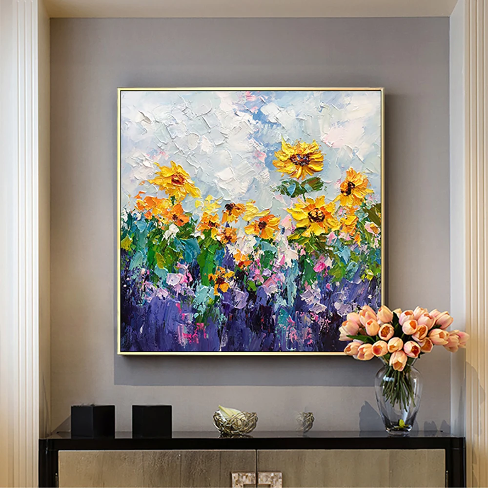 

Hand Painted 3D Flower Daisy Oil Painting On Canvas Wall Art Texture Abstract Wildflower Painting For Living Room Bedroom Decor