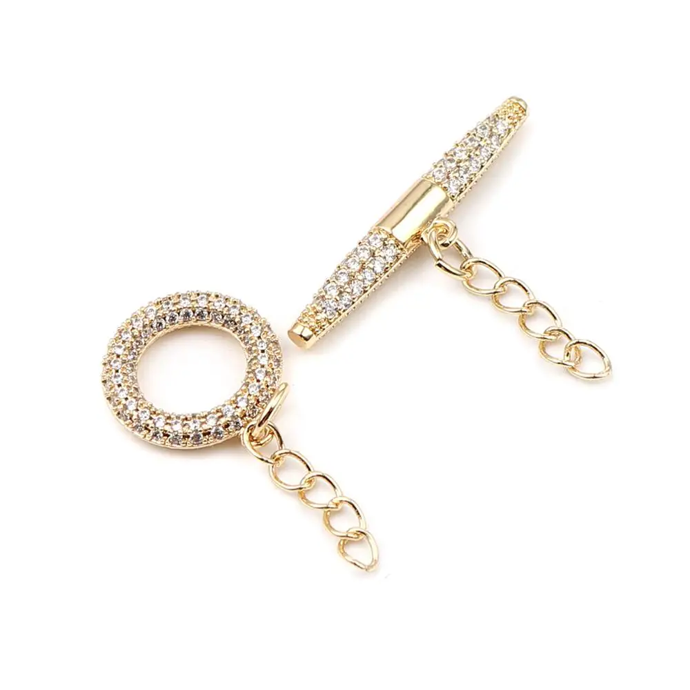 Copper Toggle Clasps Rectangle Gold color Circle Ring Clear Rhinestone Micro Pave 34mm x 14mm 28mm x 24mm, 1 Set