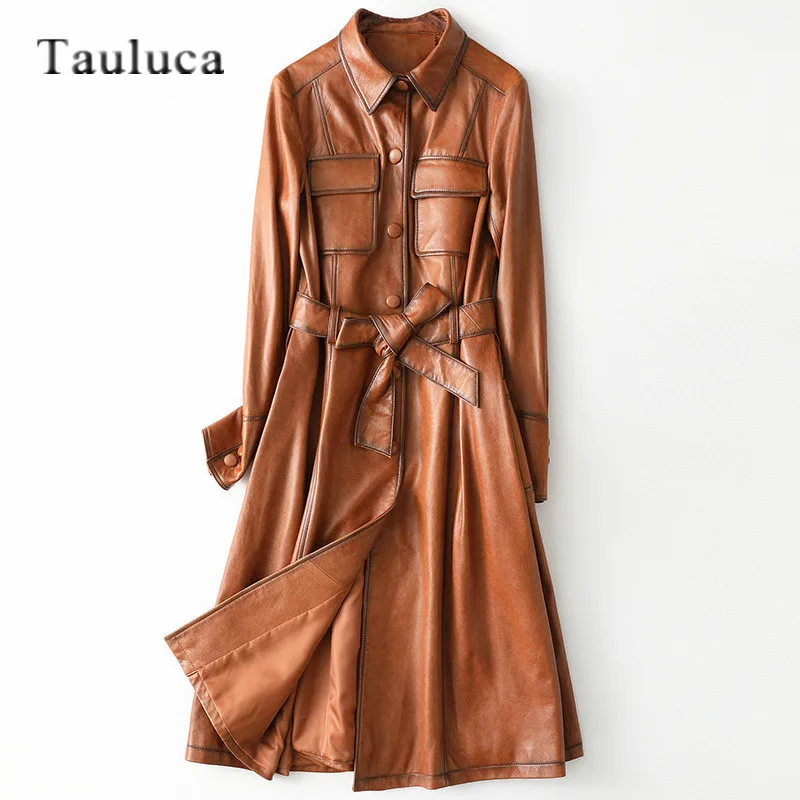 Vintage Luxury Real Sheepskin Coat Ladies Genuine Leather Jacket With Belt Plus Size Trench Coat Women Windbreaker Long Overcoat