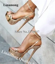 Linamong-Sandalias de tacón de aguja con punta abierta, calzado elegante con plataforma alta, color dorado, plateado y negro, con tiras cruzadas