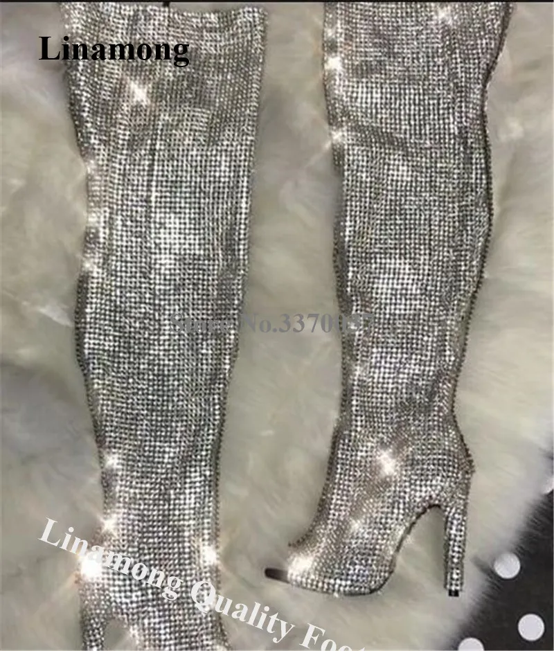 Linpośród Bling Bling Peep Toe Sliver szpilki z kryształem górskim obcas buty za kolano lśniący powrót Zipper-up kryształ długi wysoki obcas Boot