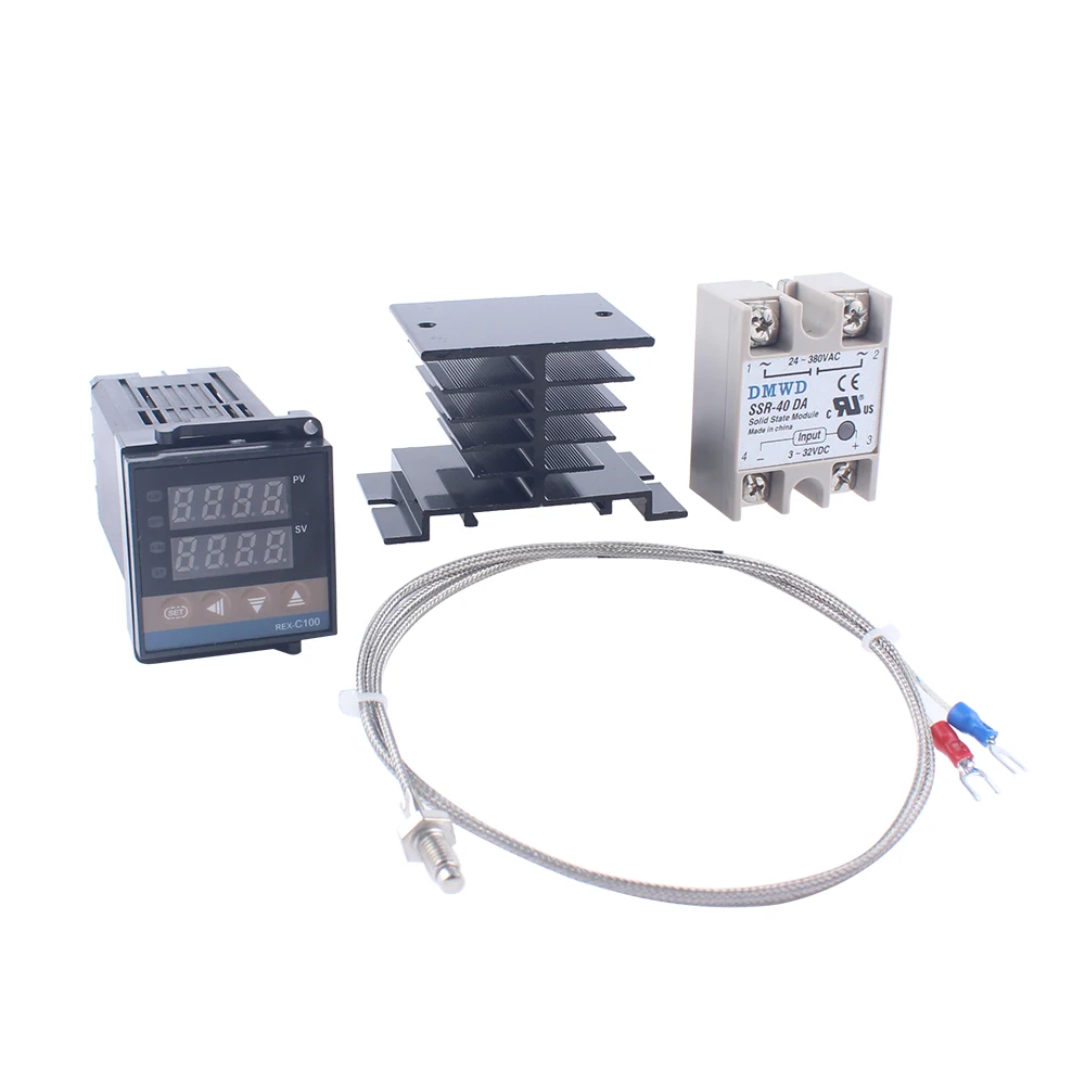 REX-C100 Digital PID Temperature Controller Thermostat SSR/Relay Output K Thermocouple Probe RexC-100 SSR-40DA Heat Sink