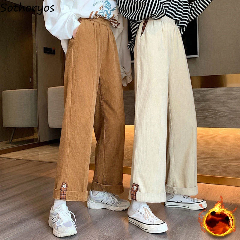 Wide Leg Pants Women Baggy Corduroy Preppy Plaid Cuffs High Waist Leisure Trousers Female Fall Winter Thick ThickeningStudents