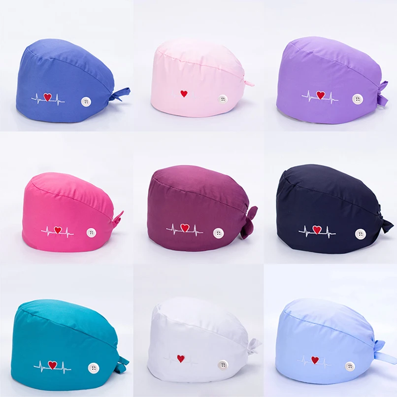 1PC Cotton Embroidery Nurse Hat Floral Bouffant Sanitary Cap with Sweatband Cartoon Nursing Caps Men Women Surgicals Scrubs Cap