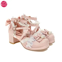 Summer Cool Lolita Sandals Beaded Korean Japanese Sweet Princess Cosplay Party Girls High Heels Side Buckle PU Leahter Shoes