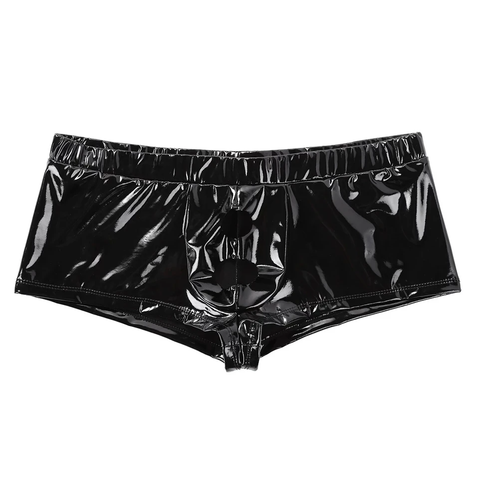 Mens Sexy Open Crotch Glossy Leather Boxer For Sex Shaping Latex Shorts Crotchless Male Shiny PVC Leather Short Pants Sexi