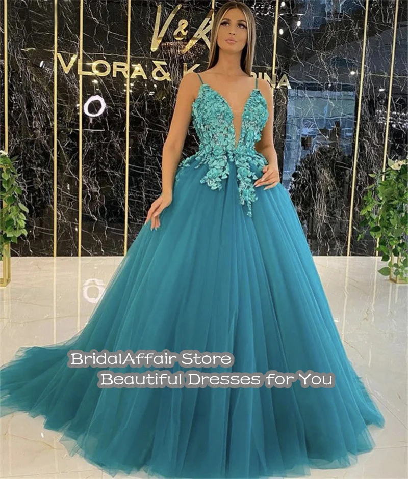 Vestidos de baile de formatura bridalaffair alças de espaguete com decote em v a linha trem de varredura tule renda vestidos de baile de flores rendas vestidos de fiesta