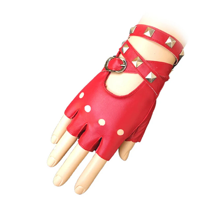 Guantes de cuero Pu negros Unisex Motion Punk Style para mujer, medio dedo, moda oscura, locomotora con remaches de baile