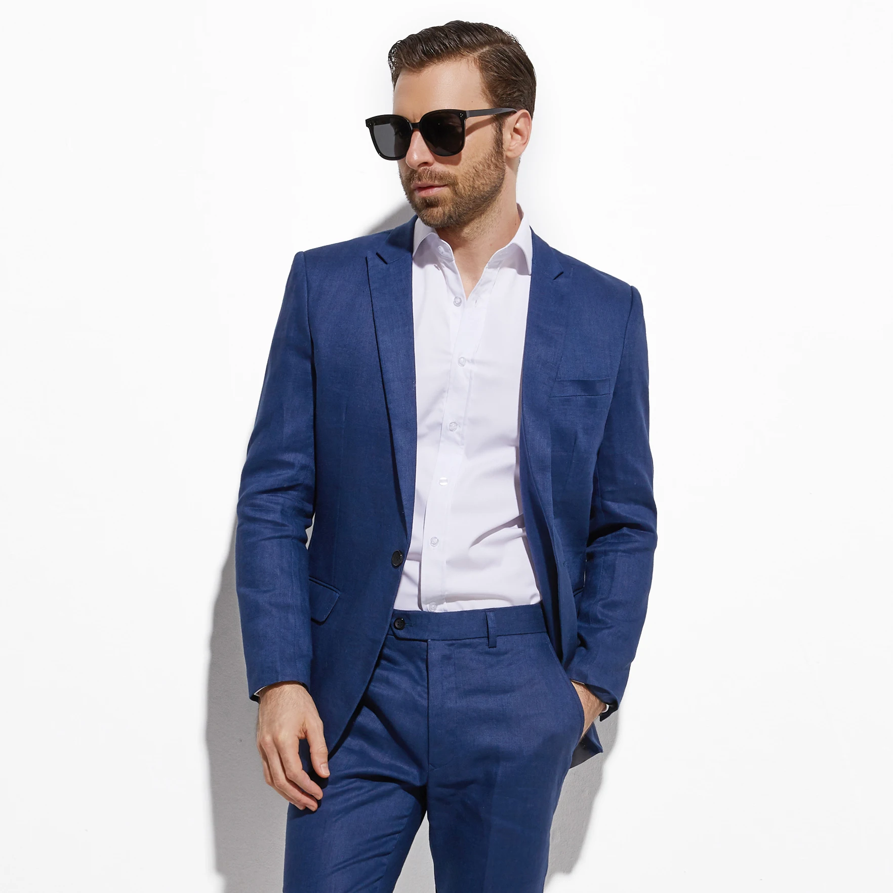 Traje de lino personalizado para hombre, trajes hechos a medida, azul marino claro, Delgado, trajes de boda a medida para playa, traje transpirable