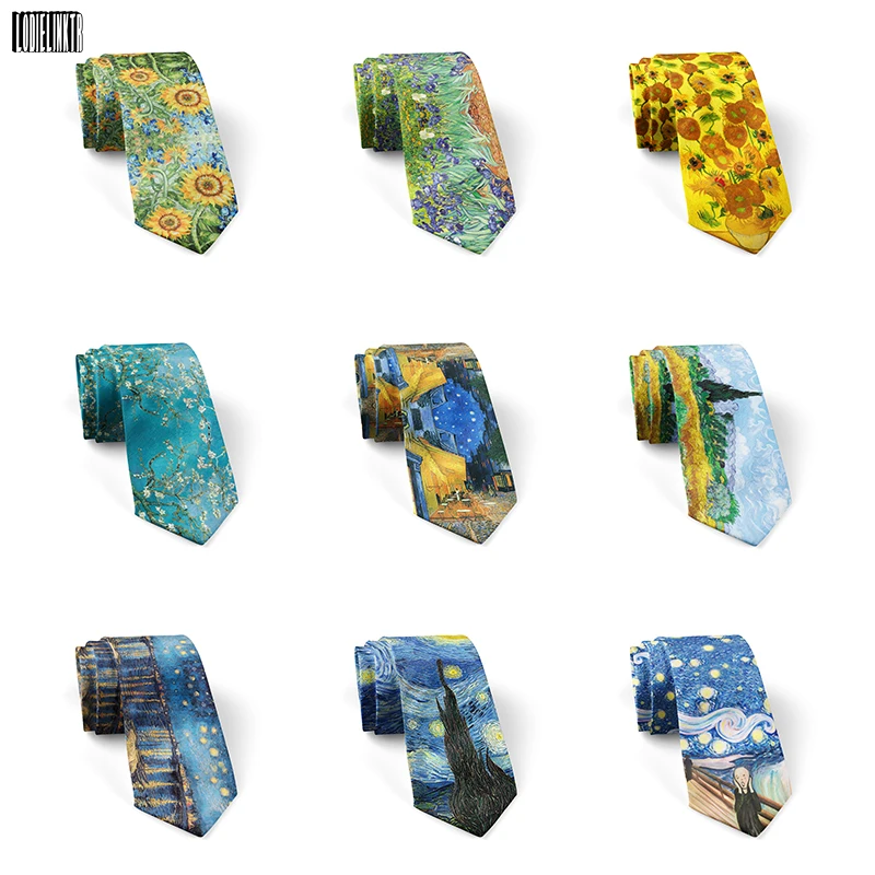 Corbata Retro de pintura al óleo de Van Gogh para hombres y mujeres, corbata de girasol de poliéster de 8cm de ancho, accesorios de traje de camisa de boda de fiesta informal, nuevo