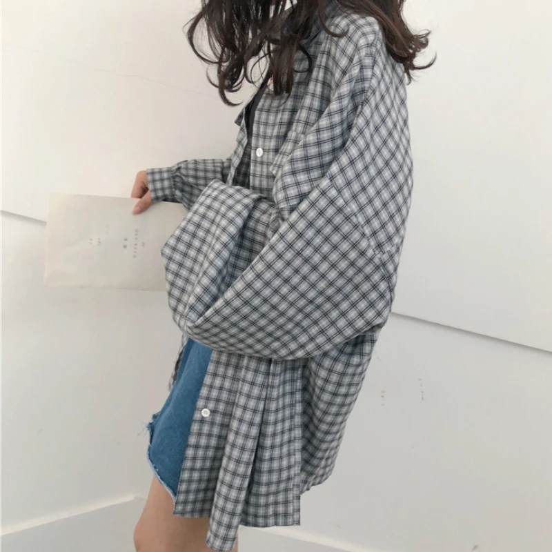 Blouses Shirts Women Long Sleeve Plaid Lantern Loose 3XL All-match Students Korean Style Womens Casual Tops Fashion Vintage Chic