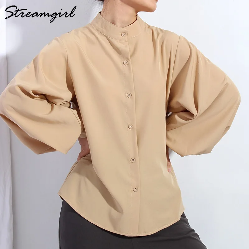 Streamgirl Women\'s Elegant Blouses Lantern Sleeve Chiffon Shirts Formal 2022 Spring Office Lady Stand-up Collar Shirts For Women