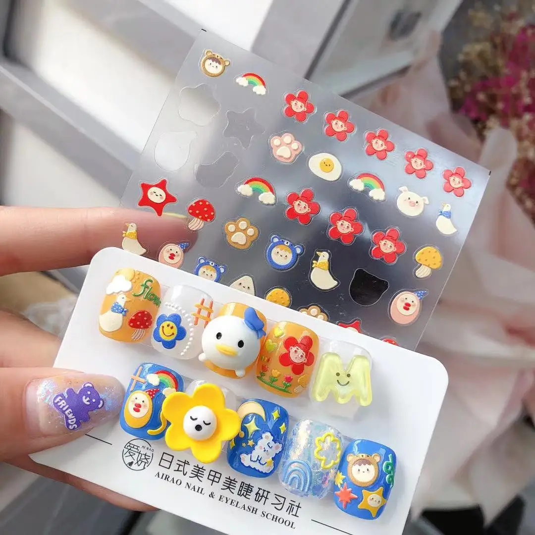 1 Sheet Nail Art Sticker Adhesive High Quality Embossed Cute Mushroom Duck Dinosaur DIY Nail Art Decal Foil Decoration