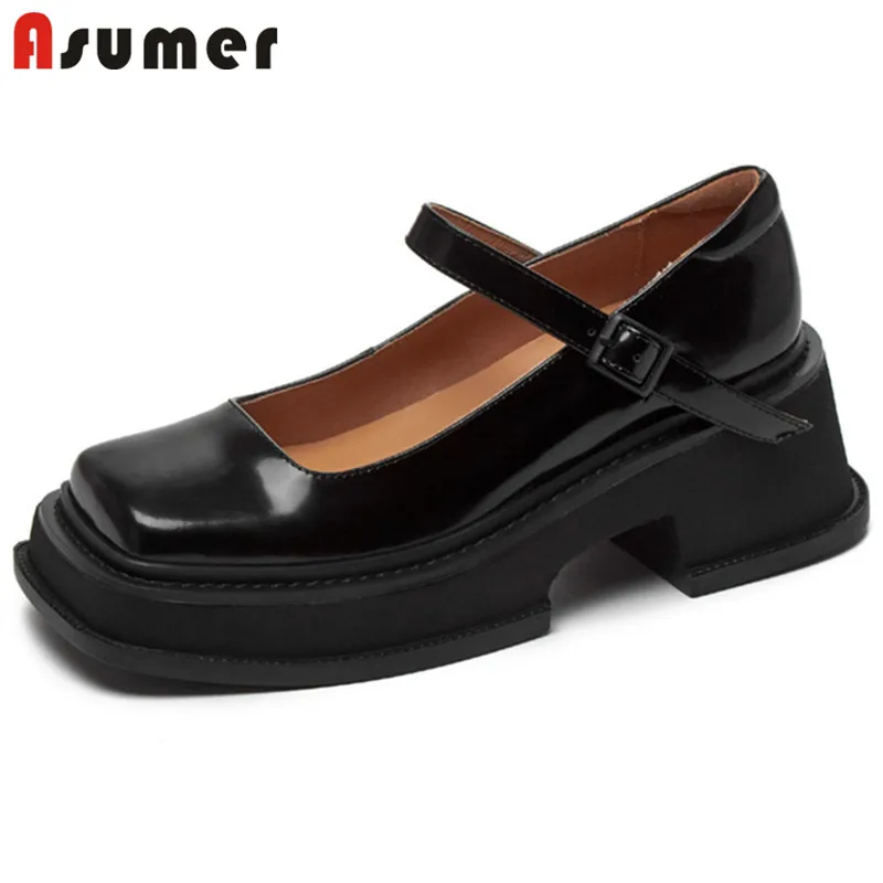 

Asumer 2022 New Arrive Black Shoes Women Pumps Genuine Leather Shoes Square Toe Buckle Spring High Heels Platform Shoes Women