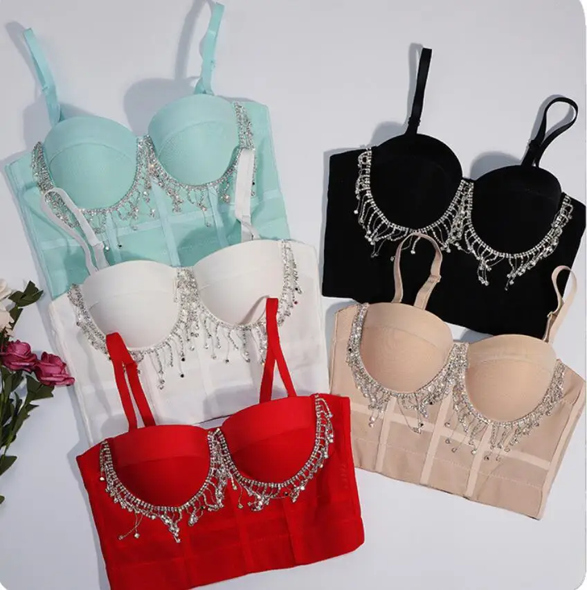 

Fashion Crystal Rhinestone Tassel Padded Chest Push Up Bralette Crop Top Luxury Party Club Ballroom Stage Sexy Corset Top q144