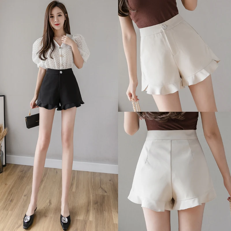 

Women's summer casual shorts casual versatile elegant fashion frilly hem high-waisted shorts black apricot shorts