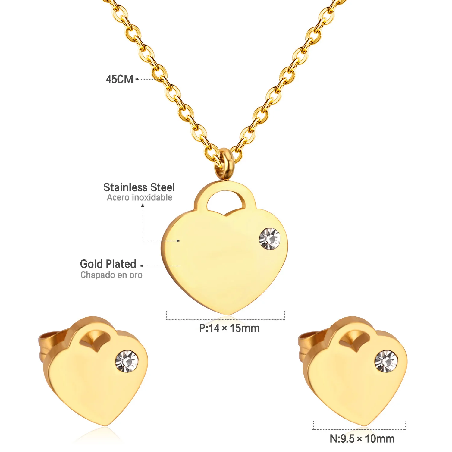 LUXUSTEEL bridal necklace set Cubic Zirconia Jewelry Stainless Steel Golden Color Heart Pendant Necklace Earrings Brinco Women