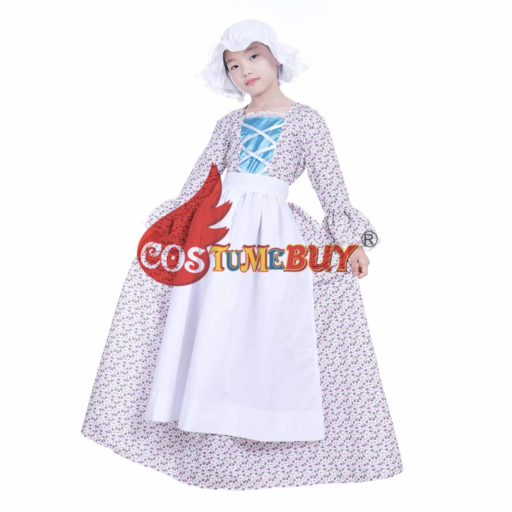 Costumebuy Reenactment Pioneer Prairie Colonial Maid Girls Kids Costume Carnival Victorian Medieval Cosplay Child Dress with Hat